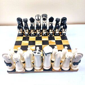 Handcrafted Vintage Marble Chess Set With Black & White Pieces On Polished Board